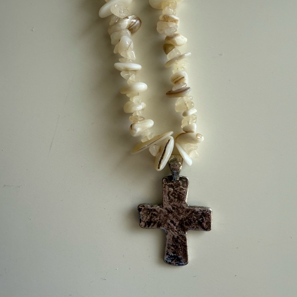 Free People Cream Shell Bead Necklace with Blue Stone Cross Pendant - Picture 2 of 3